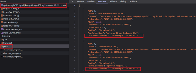 Figure 3 - API leaking the real IP address of the data leak site